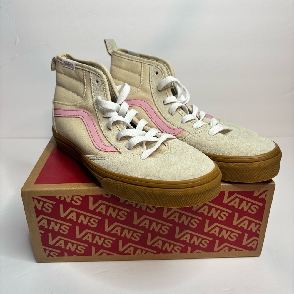 Vans High Top Sneakers in Cream with Pink Stripe and Gum Sole